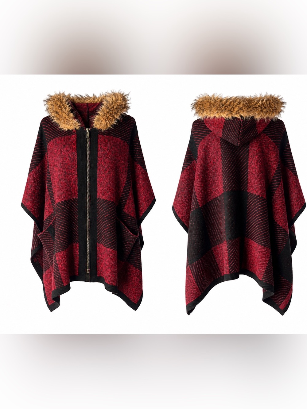 Buffalo Plaid Hooded Poncho Cape Red Black Faux Fur Trim S/M